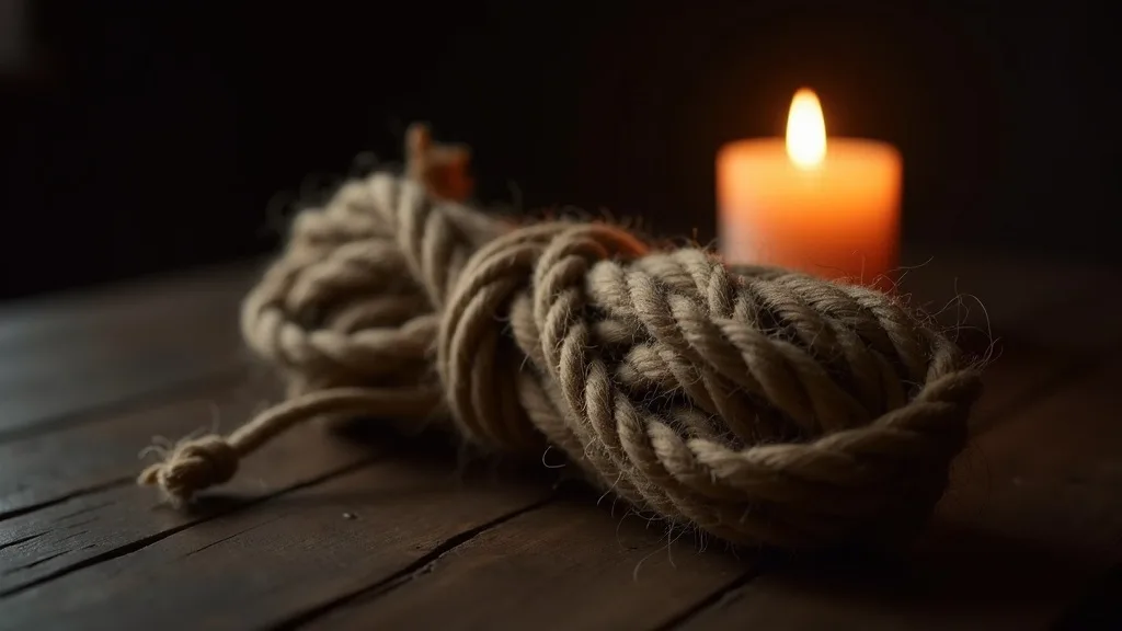 corde de shibari en jute lovée en écheveau sur chêne sombre a Lyon