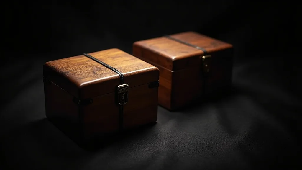 coffret de bois force a cote de son jumeau intact, lampe tamisee sur velours sombre a Lyon