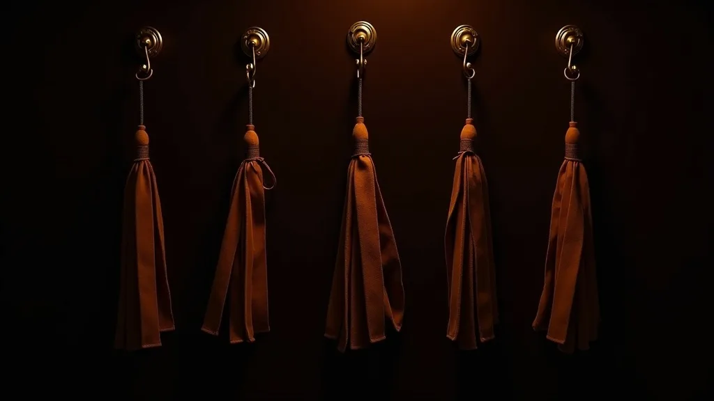 rangée de cinq martinets de daim et cuir suspendus à des crochets de laiton a Lyon